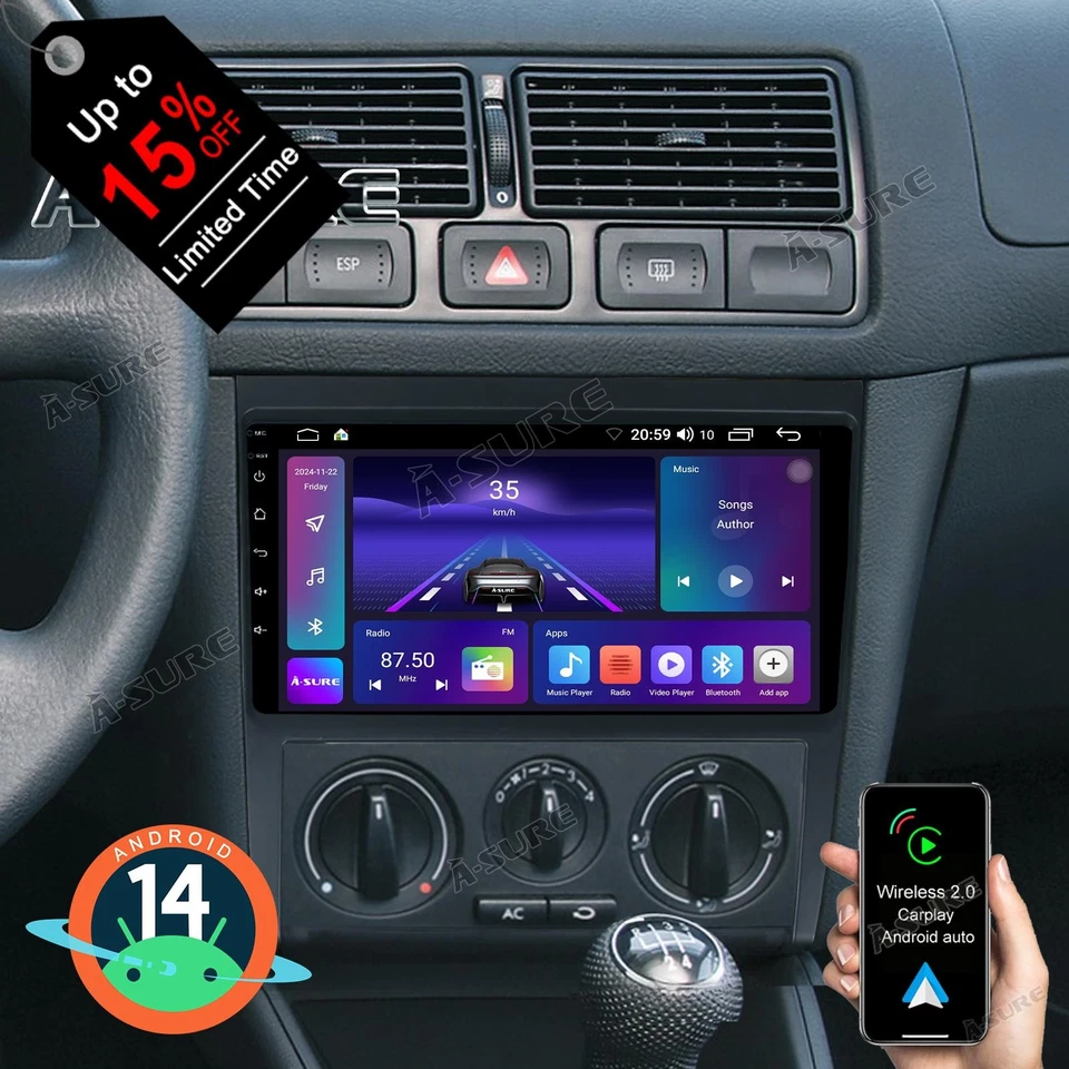 2+32G Android 14 Autoradio Apple Carplay GPS Navi für VW Bora Golf 4 MK4 1J1 1J2 - Bild 1 von 4
