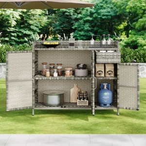 Outdoor Storage Cabinet – Weatherproof Rattan Bar Table w/Glass Top & Shelf - Picture 1 of 24