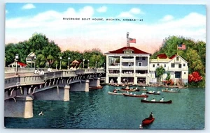 Postcard KS Wichita Riverside Boat House Vtg View I7 - Picture 1 of 2