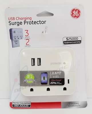 GE 3-Outlet Surge Protector With 2 USB Ultra Charge Charging Ports 1 AMP, 5 watt - Image 1 of 2