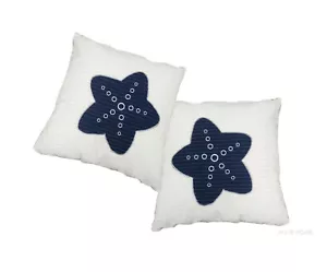 Throw Pillows White w/ Navy Blue Starfish 16" Set of 2 Beach House Coastal Decor - Picture 1 of 2