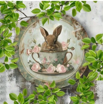 Letrero de metal guirnalda centro lindo conejo en una taza de té #3 8 x 8 Foto 1 de 2