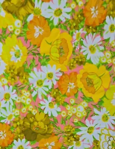 Vintage Kanebo Floral Polyester Fabric Panel 70s Style Yellow White Green Pink - Picture 1 of 6