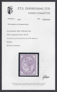 1881 GB Sg172a 1d Bluish Lilac Die 2 single stamp PTS cert Tone spot Unmounted - Picture 1 of 1