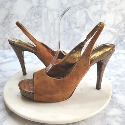 Donald Pliner Tacones de Alta Costura Canna 9.5 Plataforma Cuero de Cocodrilo Marrón Gamuza Peeptoe  Foto 1 de 4