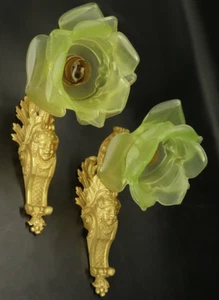 PAIR OF SCONCES LOUIS XV STYLE ERA 19TH - BRONZE & GREEN GLASS - FRENCH ANTIQUE - Picture 1 of 10