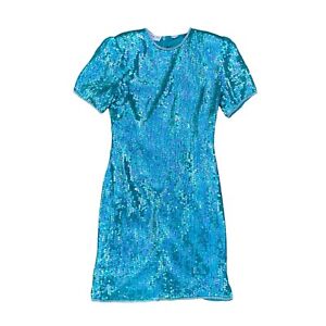 Vintage 80s Scala Silk Sequin Party Dress Tagged Women's Size Small Blue Teal