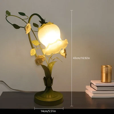 Elegant Glass Table Lamp Light Roses Flower Glass Lampshade Green & White 60W US - Image 1 of 4
