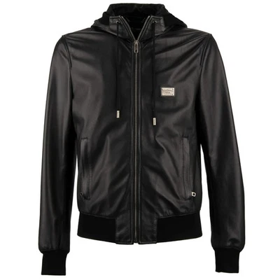 DOLCE & GABBANA DG 标志板羊皮连帽轰炸机夹克 IT 48 美国 38 M — 第 1/4 张图片