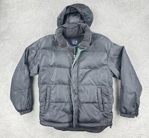 Vintage GAP Y2K 90s Mens M Black Down Winter Jacket Green Trim Stowaway Hood EUC - Picture 1 of 24