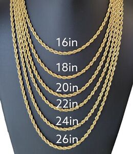 18k Gold Plated Stainless Steel Rope Chain Necklace 4mm Size 16" to 26" 