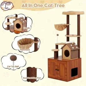 153CM Cat Tree With Litter Box Enclosure & 3in1 Scratching Posts For Indoor Cats - Picture 1 of 10