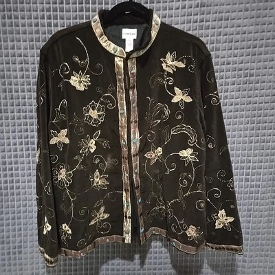 Коричневый вышитый цветочный бархат куртка SzXL Chicos 3 золото азиатский бисер богемное гламур - Изображение 1 из 4