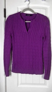 Ralph Lauren Damen V-Ausschnitt Zopfmuster Pullover M Magenta ganz Luxus Old Money - Bild 1 von 8
