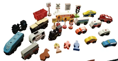 Wooden Train Cars signs Bus Ambulance People Big Lot Kid Kraft Melissa Doug - Image 1 of 4