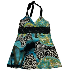 Vintage Y2K Indigo Six Top Womens L Babydoll Lace Trim Halter Mixed Print Jersey - Picture 1 of 7