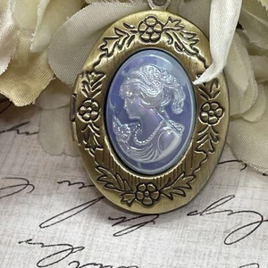Bronze Locket Blue Pearl Lady Victorian Maiden Necklace Gift Mom Summer Wedding - Picture 1 of 21