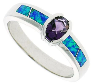 Fine Women Silver Rhodium Plated Opal Inlay Ring Oval Shape Violet Purple CZ 8mm - Picture 1 of 1