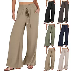 Women's Casual Cotton Linen Pants Wide Leg Trousers Sweatpants Top With Pockets - Picture 1 of 29