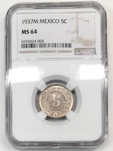1937-M MEXICO Copper-Nickel 5 CENTAVOS NGC MS-64 - KM#423 - Picture 1 of 3