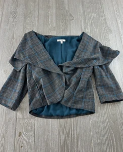 CAbi Gray And Blue Plaid Fancy Blazer Over Hang Collar Womens Size 8 - Picture 1 of 9