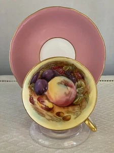 Vintage AYNSLEY Teacup And Saucer Pink Orchard Fruit Gold Trim Signed D Jones - Picture 1 of 10