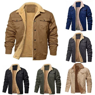 Mens Winter Coat Fleece Cargo Jacket Lapel Collar Trucker Cotton Work Outerwear - Image 1 of 4