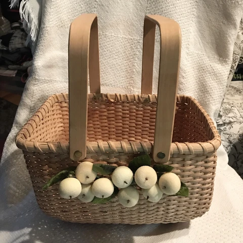 Nantucket Double Swing Wood Handles Woven Basket Wood Bottom Sugar Fruit 10”x8” Cover
