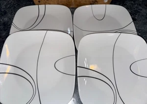CORELLE VITRELLE SIMPLE LINES 4 PC WHITE & BLACK SQUARE 10 1/2" DINNER PLATES - Picture 1 of 3