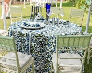110 Inches Round Hand Block Printed Cotton Tablecloth, Blue White Floral Tabl... - Picture 1 of 9