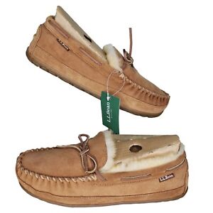LL Bean Wicked Good Mocassin Slippers Men's Size 9 Brown Suede Shearling NWOB