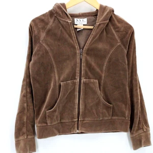 Vintage New York Laundry Velour Hoodie Womens Petite Brown Full Zip Size PS - Picture 1 of 8