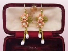 Vintage Inspired Enamelled Faux Pearl Orange Blossom Dangle Earrings & Gift Bag