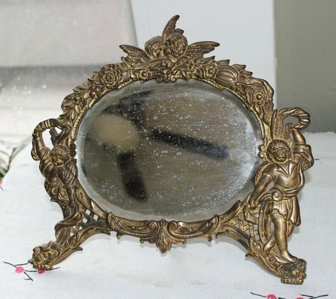 Ornate Cast Iron Bronze Finish Victorian Dresser Frame Cherub Beveled Mirror Cover