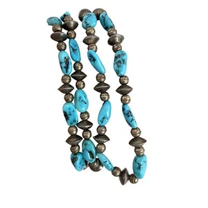 Vintage Southwestern Style Turquoise Sterling Silver Bench Beads Necklace - Picture 1 of 8