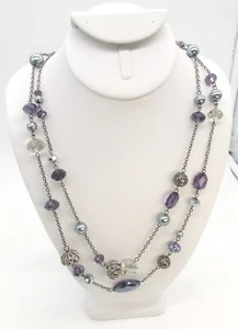 NWT 55" KOHL'S Gunmetal Black Pearl Filigree Bead Faceted Purple Lucite Necklace - Picture 1 of 3