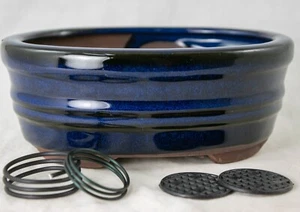 Oval Glazed Cactus & Succulent, Bonsai Pot with Mesh, Wire 6"x 4.5"x 2.5" - Blue - Picture 1 of 8