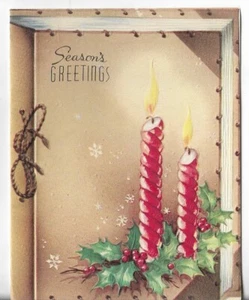 Vtg CHRISTMAS CARD 4x5 Season's Greetings Book w/2 Red Burning Candles - Picture 1 of 3