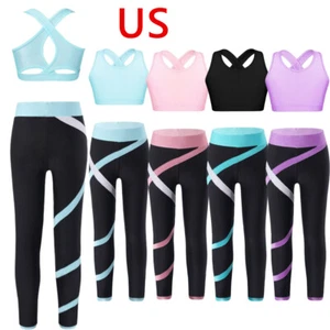 Girls Crop Tops Athletic Leggings 2Pcs Activewear Set Gym Yoga Workout Outfits - Picture 1 of 37