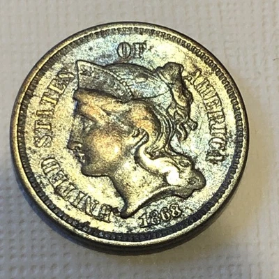 1868 3 Cent Nickel AU+++Stunning Beauty Great Toning - Image 1 of 4