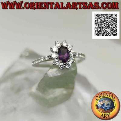 Anello in Argento 925‰ fiore di zirconi bianchi con ametista ovale incastonata e - Immagine 1 di 4