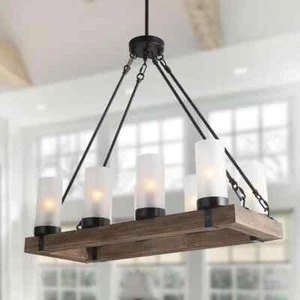 Wood Chandelier Farmhouse 8-Light Brown Linear Black Chandelier Island Pendant - Picture 1 of 8