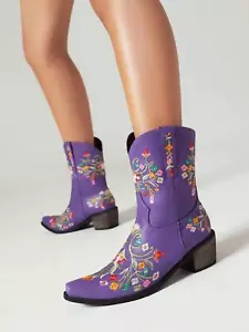 Stickerei Damen Western Stiefeletten Blockabsatz Schuhe spitz zum Überziehen schick - Bild 1 von 30