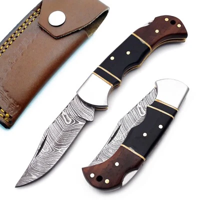 Damascus handmade Back Lock Folding Pocket knife Camping Hunting Knife Pouch - Image 1 of 4