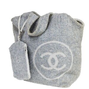 CHANEL CC Logo Reversible Shoulder Tote Beach Bag 100% Cotton Blue White 34RF084