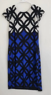 Vestido sin mangas Liz Claiborne negro blanco azul geo estampado sin mangas línea A mediano Foto 1 de 4