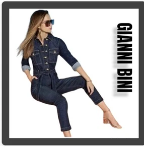 Women's Gianni Bini Button Down Dark Wash Stretch Denim Jumpsuit (Sz L) - Picture 1 of 16