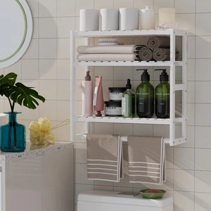 Towel Rack Bathroom Storage Shelves Over The Toilet with Towel Bar 100% Bambo... - Picture 1 of 7