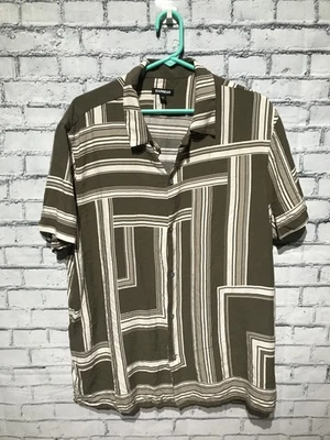Express, Men XL, Olive Green/White Striped Colorblock Short Sleeve Button Shirt - Image 1 of 4
