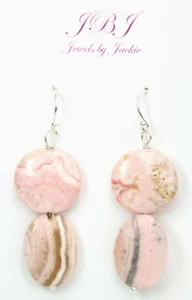 Rhodochrosite Pink Oval & Coin Gemstone .925 Sterling Silver Earrings 1 3/4" - Picture 1 of 5